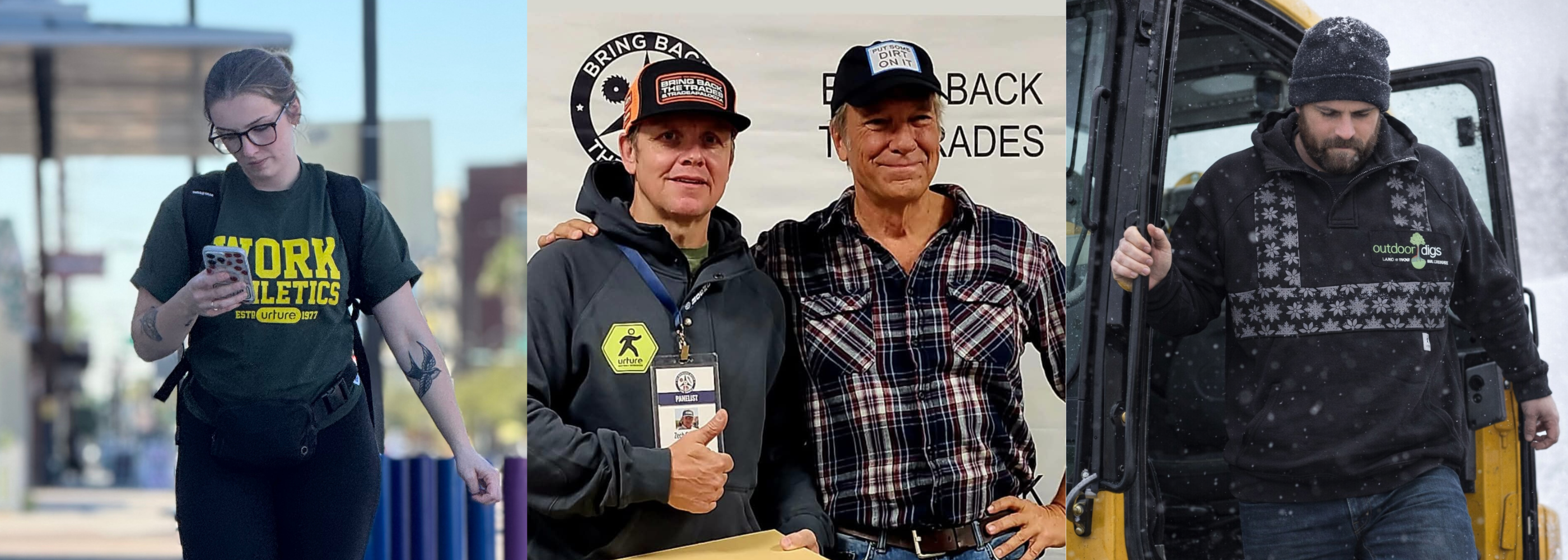 Collage of people wearing branded clothing with visible logos.