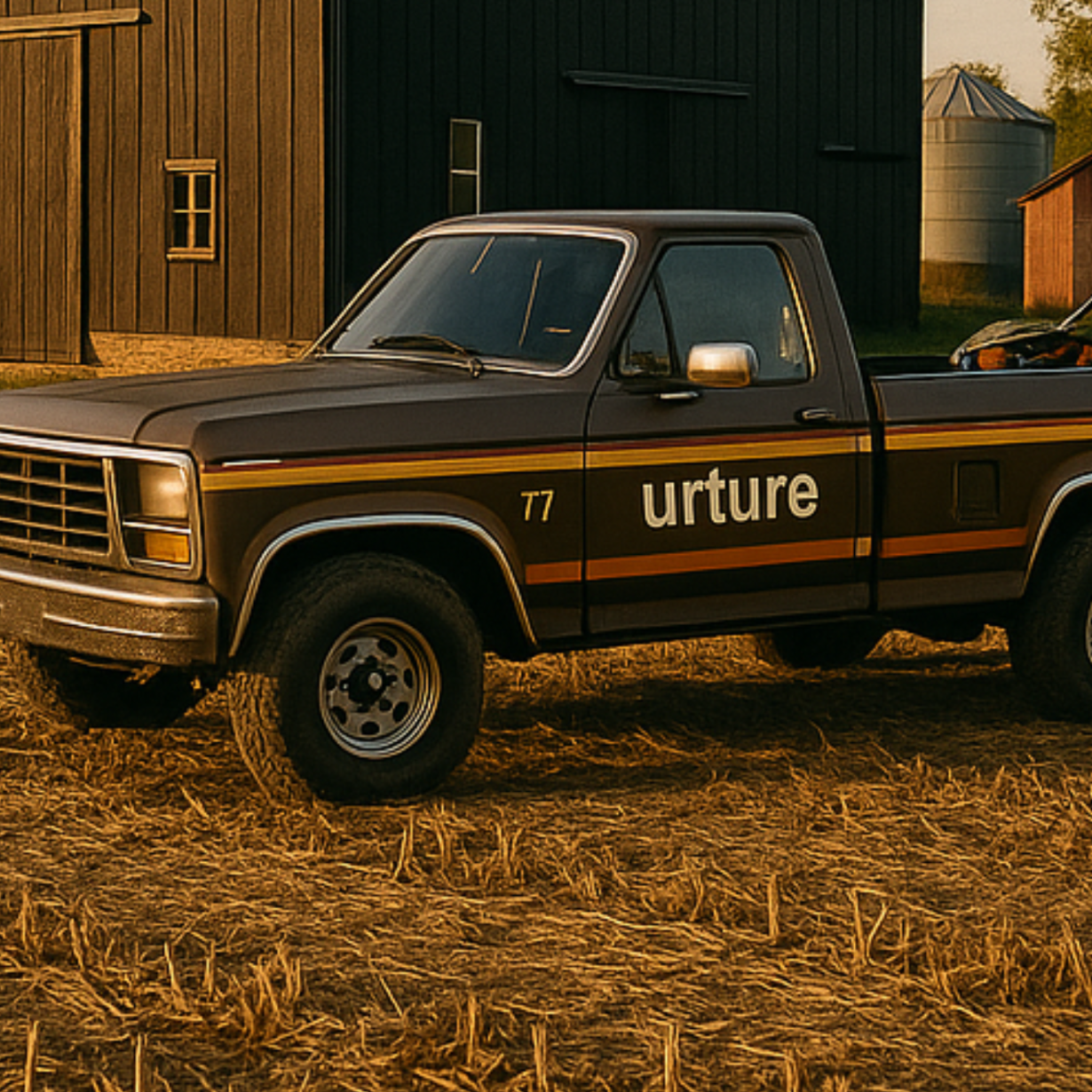 Old pickup truck with 'urture' branding parked in a field near a barn.