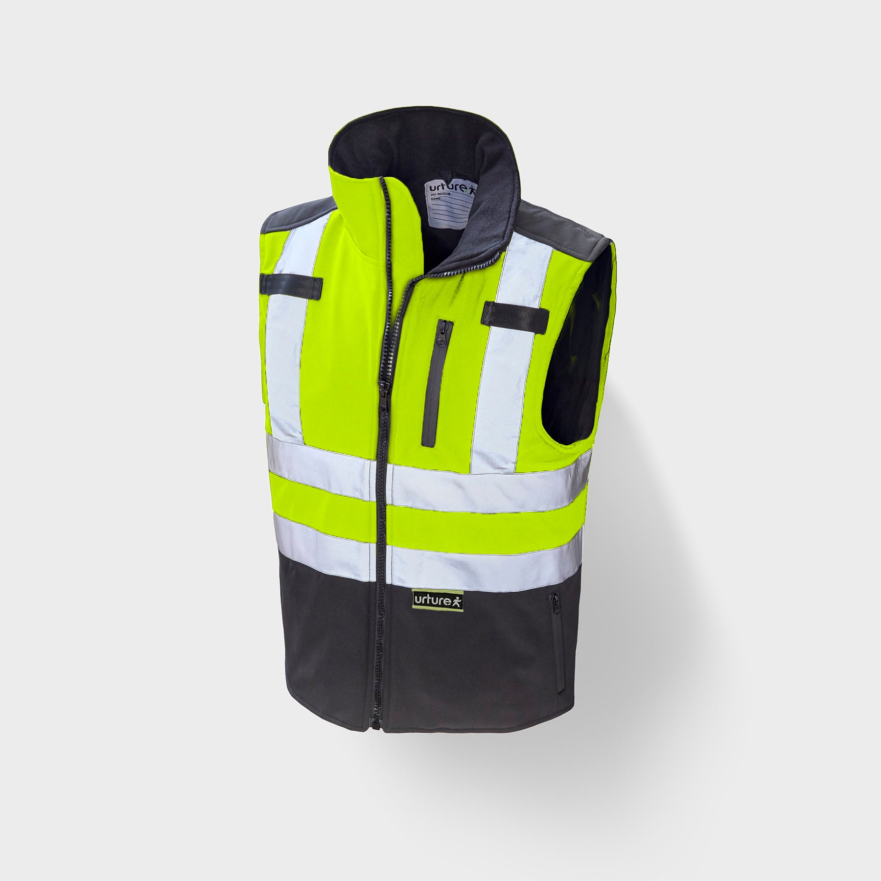 Hi-vis safety vest with black accents on a white background