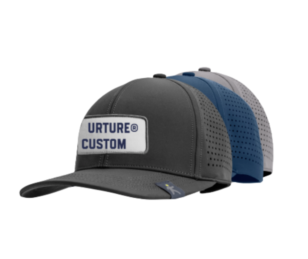 Gray and blue cap with 'Uverture Custom' logo on a white background