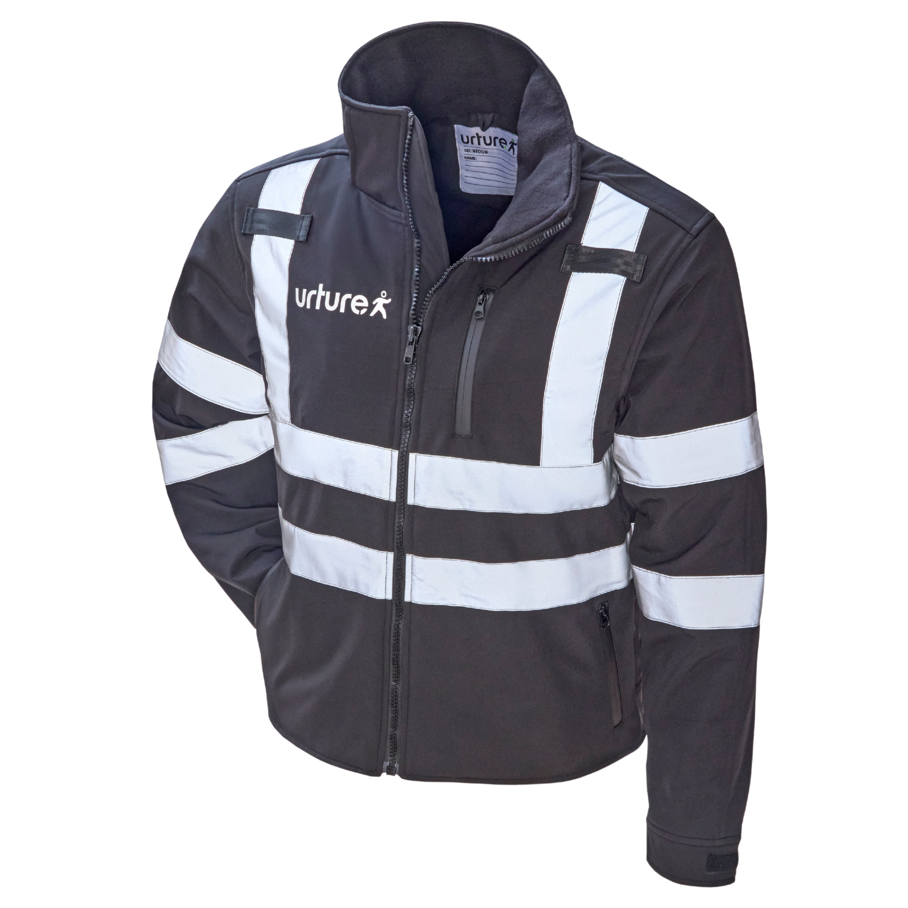 BLACK safety jacket with reflective stripes and 'urturex' branding on a white background